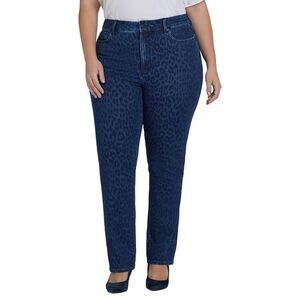 Nydj Womens Plus Marilyn High-Rise Dark Denim Leopard Print Straight Leg Jean